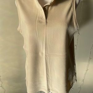 Women's tan khaki sleeveless, button-up, knit top, Size L.